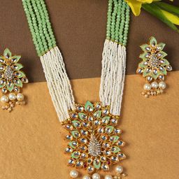 SOHI Gold-Plated White & Green Stone-Studded & Pearl Beaded Jewellery Set-image-65