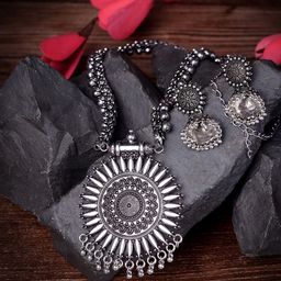 Saraf RS Jewellery Silver-Plated Oxidised Necklace and Earrings-image-102