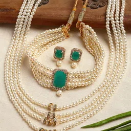 ZENEME Gold-Plated Stones Studded & Beaded Jewellery Set-31