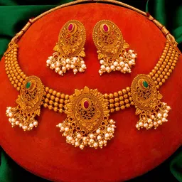 aadita Gold-Plated Pink Stone-Studded Pearls Beaded Temple Jewellery Set-17