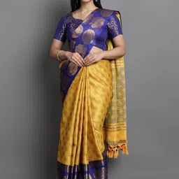 KALINI Yellow & Blue Woven Design Zari Silk Cotton Saree-picture-42