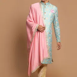 VASTRAMAY Men Blue & Gold-Colored Embellished Sherwani With Dupatta-picture-42