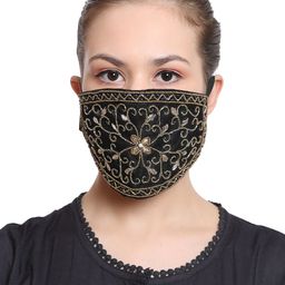 Anekaant Women Single 3-Ply Black & Copper-Toned Reusable Embellished Fashion Mask-46