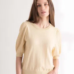 B.Copenhagen Self Design Round Neck Puff Sleeves Pullover-image-7