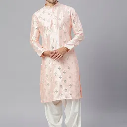 RAJUBHAI HARGOVINDAS Embellished Mandarin Collar Sequinned Silk Cotton Kurta-image-65