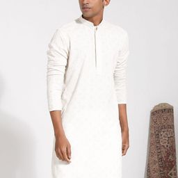 VASTRAMAY Embroidered Long Sleeves Mandarin Collar Sequinned Pastels Kurta-image-74