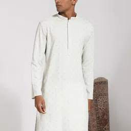 VASTRAMAY Embroidered Sequinned Long Sleeves Mandarin Collar Pastels Kurta-image-58