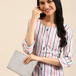 SHOWOFF Women Navy Blue & Pink Printed Pastels Kurta-image-97