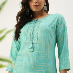 SHOWOFF Women Turquoise Blue Geometric Printed Pastels Kurta-image-47