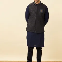 Manyavar Graphite Blue Black Panther Woven Design Nehru Jackets-image-44