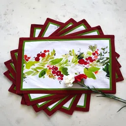 TARA- Sparkling Homes 6 Pieces Red & Green Floral Printed Pure Cotton Table Placemats-16