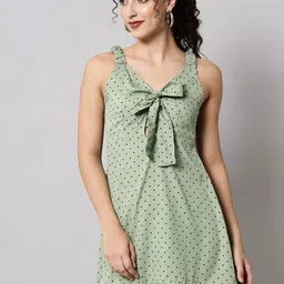 emeros Women Green Crepe A-Line Polka Dot Front-Knot Flounce Hems Dress-image-81