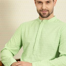 House of Pataudi Men Green Chikankari Embroidered Woven Design Straight Kurta-41