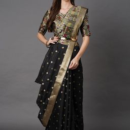 Mitera Black & Gold-Toned Ethnic Motifs Zari Banarasi Silk Cotton Saree-13