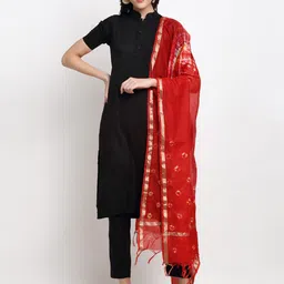 LOOM LEGACY Red & Gold-Toned Woven Design Chanderi Cotton Silk Dupatta With Zari-31