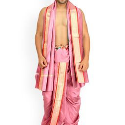 Exotic India Orchid Pink Ready to Wear Dhoti and Veshti Set with Woven Golden Border-image-38