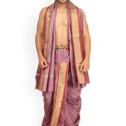 Exotic India Ready-to-wear Dhoti- Angavastram Set With Zari Border-image-4