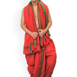 Exotic India Men Ready to Wear Cotton Dhoti and Angavastram Set with Woven Temple Border-image-18