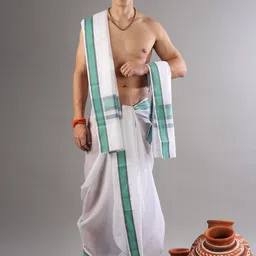 Exotic India Woven design Pure Cotton Drape Dhoti & Veshti-picture-53