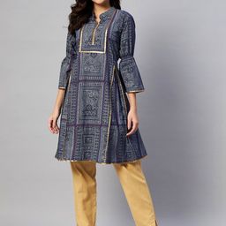 SERONA FABRICS Navy Blue Mandarin Collar Printed Cotton Tunic-picture-14
