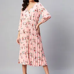 plusS Pink & Green Floral Accordion Pleats Midi Dress-image-17