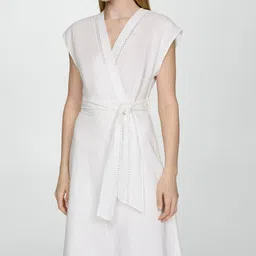 MANGO Linen Wrap Midi Dress-image-45
