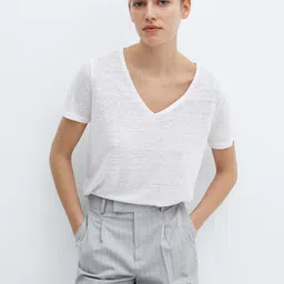 MANGO V-Neck Linen T-shirt-image-30