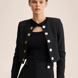 MANGO Women Black Crop Open Front Jacket-image-17