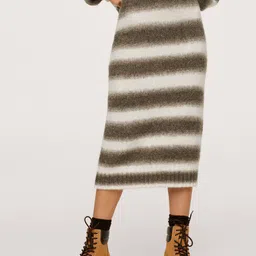 MANGO Women Grey & Off-White Striped Print Midi Skirt-image-48