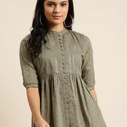 Shae by SASSAFRAS Women Olive Green Pure Cotton Dobby Woven Design A-Line Top-image-71