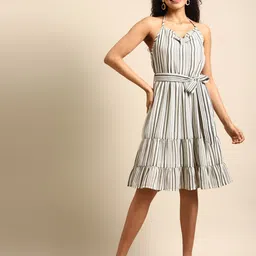 DODO & MOA Women Off-White & Charcoal Grey Striped A-Line Dress-picture-1