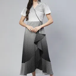 Cottinfab White & Black Ditsy Geometric Print A-Line Midi Dress-image-95