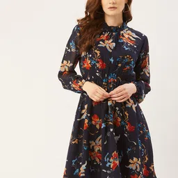 Slenor Women Navy Blue & Red Floral Printed A-Line Dress-picture-14