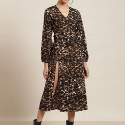 Qurvii Brown & Black Animal Printed A-Line Midi Dress-image-26