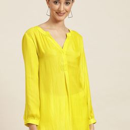 Qurvii Yellow Solid Mandarin Collar Top-24