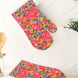 Texstylers Red & Mustard 2 Pieces Yellow Printed Cotton Padded Oven Gloves-image-43