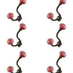IndianShelf Brown & Red 6 Pieces Ceramic Stripe Wall Mounted Hooks-6