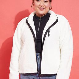 SASSAFRAS Curve White Plus Size Mock Collar Faux Fur Trim Detail Bomber Jacket-picture-20