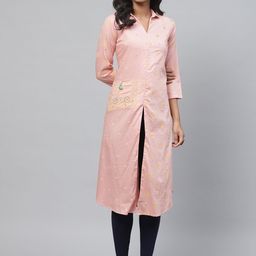 Biba Women Peach-Coloured & Mustard Yellow Mirror Work Printed A-Line Kurta-picture-4
