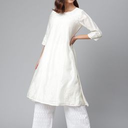 akheri Women Off White Ethnic Motifs Chikankari Mukaish A-line Kurta comes with Inner-image-21