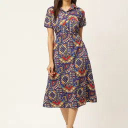 Cottinfab Women Blue & Yellow Printed Shirt Dress-31
