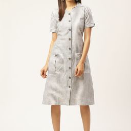 Cottinfab Women Off-White & Black Striped Shirt Dress-image-27