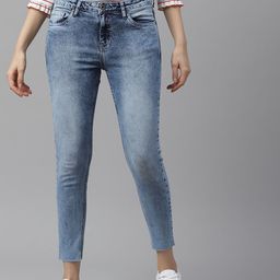 The Roadster Lifestyle Co Women Blue Mid-Rise Super Skinny Fit Light Fade Jeans with Raw Hem Detail-image-66