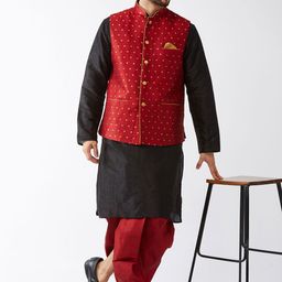 VASTRAMAY Mandarin Collar Zari Kurta with Dhoti Pants & Nehru Jacket-picture-43
