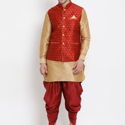 VASTRAMAY Mandarin Collar Kurta with Dhoti Pants & Woven Design Nehru Jacket-image-41
