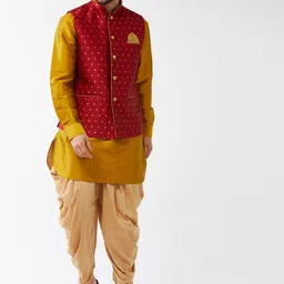 VASTRAMAY Mandarin Collar Kurta with Dhoti Pants & Woven Design Nehru Jacket-image-92