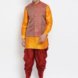 VASTRAMAY Mandarin Collar Regular Kurta with Dhoti Pants & Woven Design Nehru Jacket-picture-4
