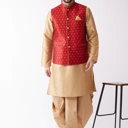 VASTRAMAY Mandarin Collar Kurta with Dhoti Pants & Woven Design Nehru Jacket-image-40