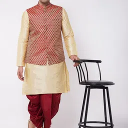 VASTRAMAY Mandarin Collar Regular Kurta with Dhoti Pants & Woven Design Nehru Jacket-picture-16