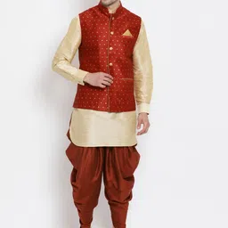 VASTRAMAY Mandarin Collar Kurta with Dhoti Pants & Woven Design Nehru Jacket-picture-46